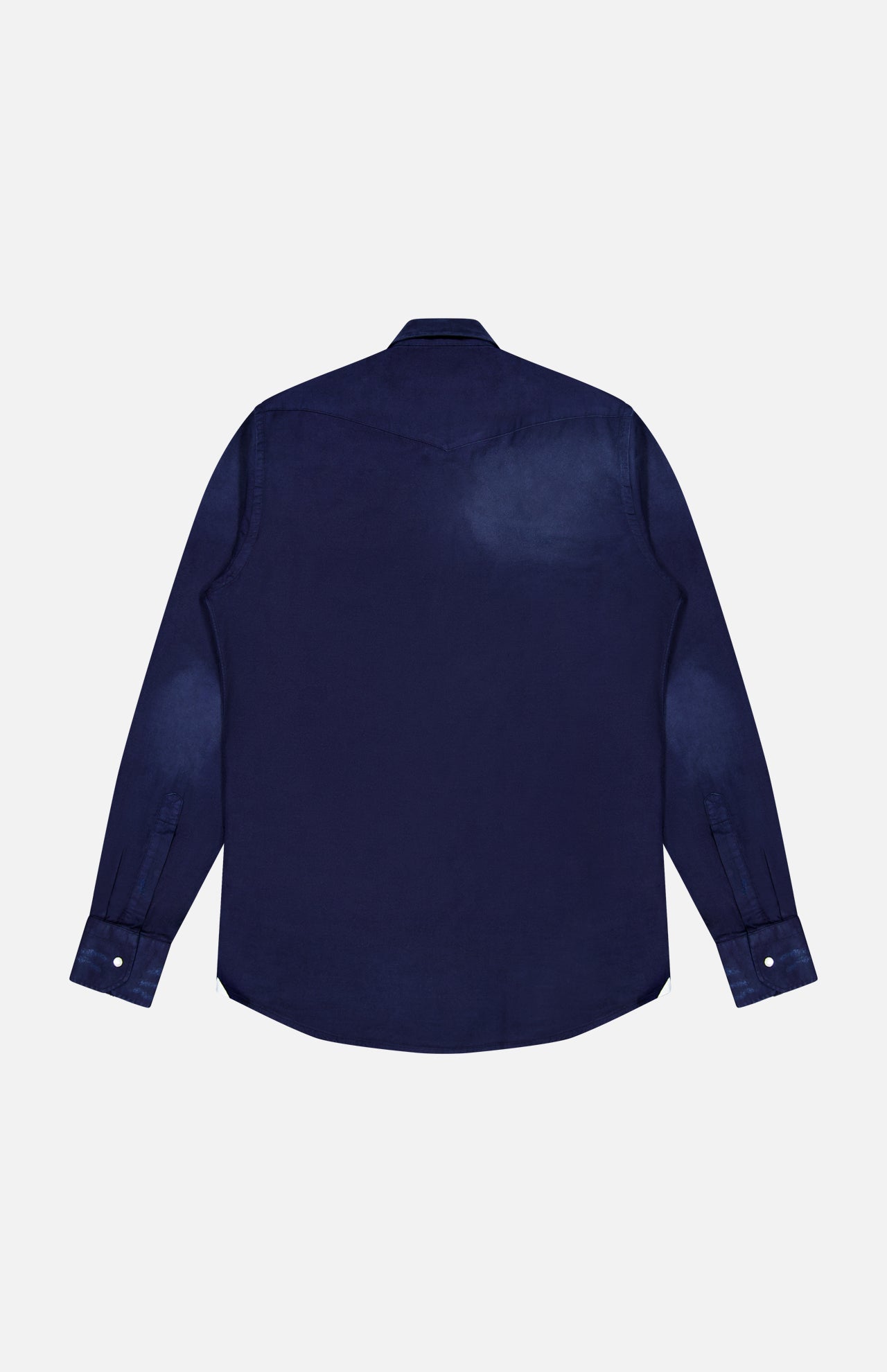 The SARTORIO Distressed Cotton Button Up Shirt in dark navy, with long sleeves, is snap-front and shown laid flat from the back on a white background.