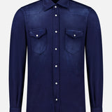 The SARTORIO Distressed Cotton Button Up Shirt features long sleeves, a snap front, and two button-flap chest pockets, shown in dark navy on a plain white background.