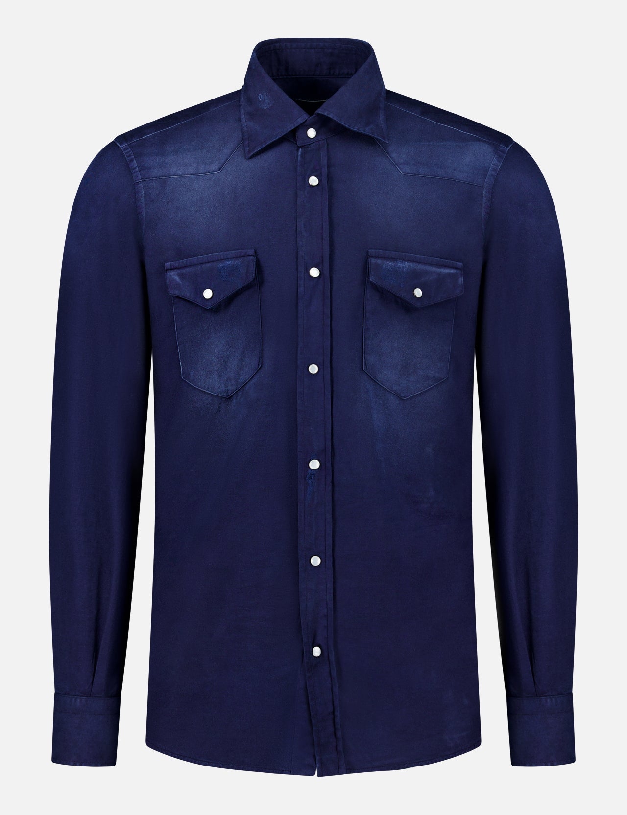 The SARTORIO Distressed Cotton Button Up Shirt features long sleeves, a snap front, and two button-flap chest pockets, shown in dark navy on a plain white background.