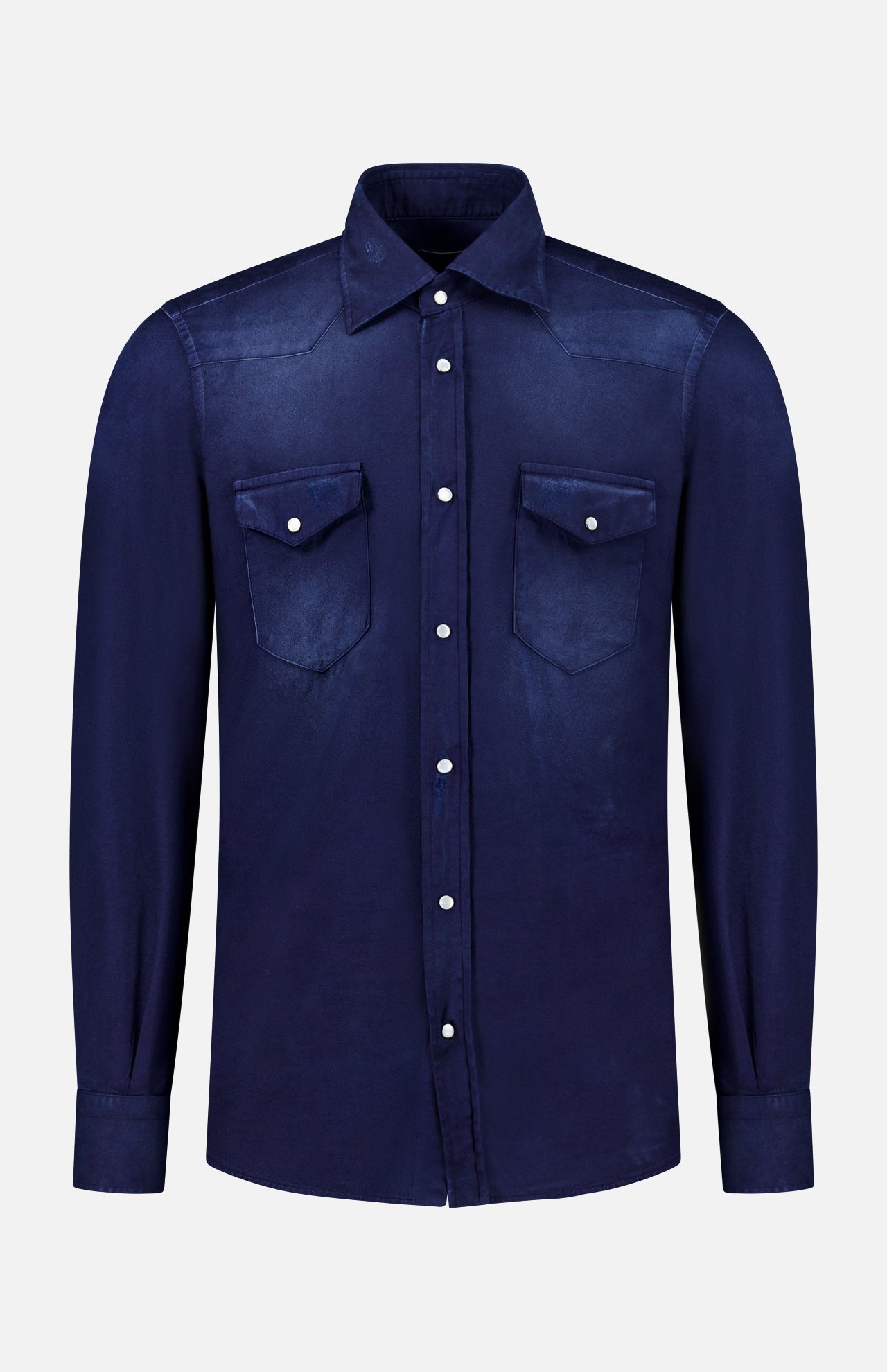 The SARTORIO Distressed Cotton Button Up Shirt features long sleeves, a snap front, and two button-flap chest pockets, shown in dark navy on a plain white background.