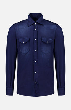 The SARTORIO Distressed Cotton Button Up Shirt features long sleeves, a snap front, and two button-flap chest pockets, shown in dark navy on a plain white background.