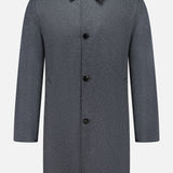 The SARTORIO Double Faced Overcoat is a gray, knee-length men’s outerwear piece featuring a button-up front, long sleeves, a classic collar, and two side pockets. Expertly made in Italy, it is showcased against a plain white background.