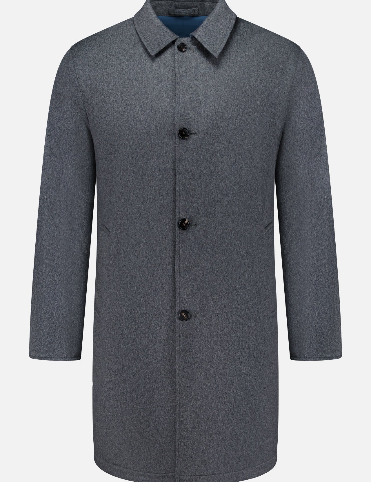 The SARTORIO Double Faced Overcoat is a gray, knee-length men’s outerwear piece featuring a button-up front, long sleeves, a classic collar, and two side pockets. Expertly made in Italy, it is showcased against a plain white background.