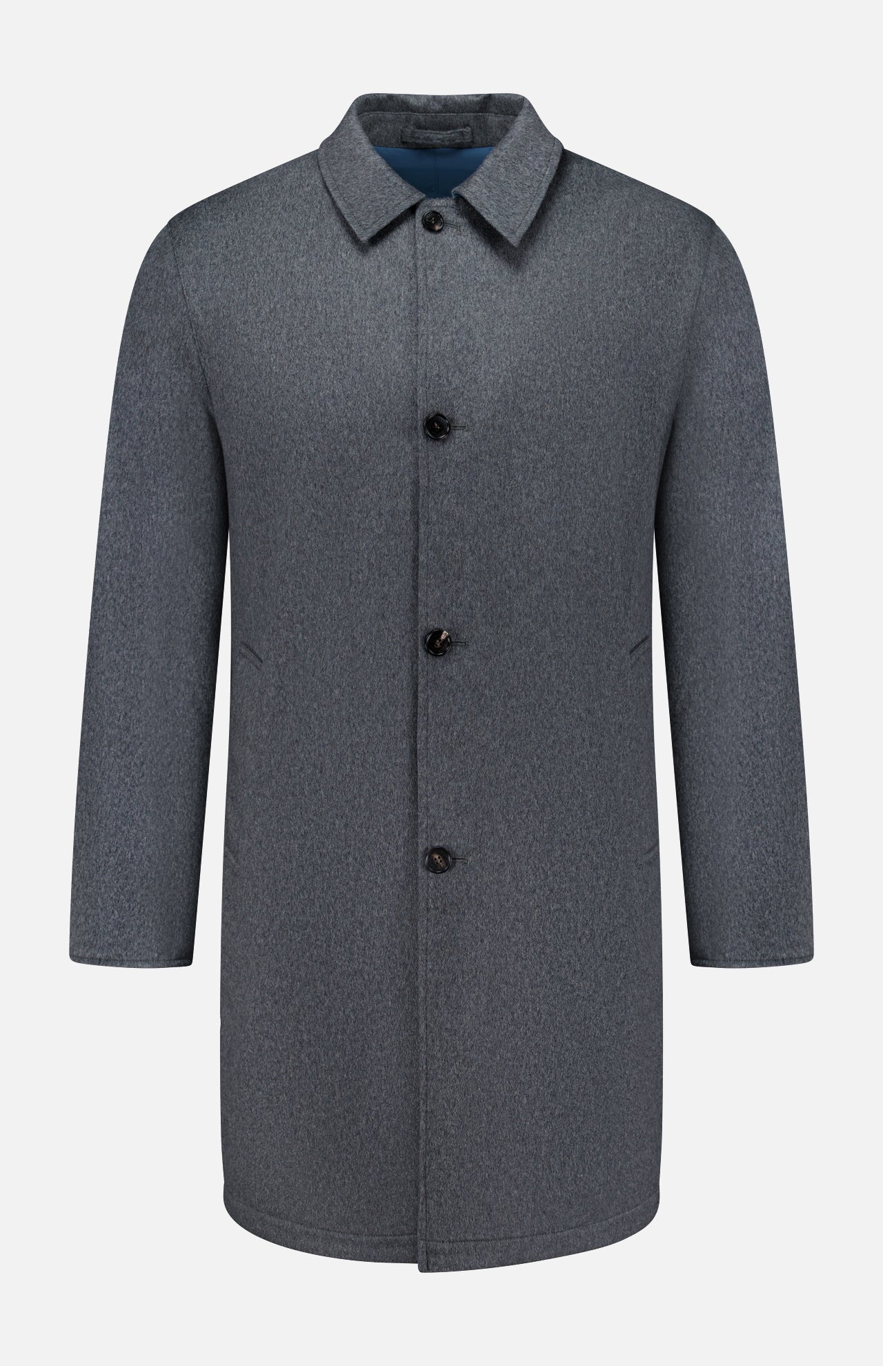 The SARTORIO Double Faced Overcoat is a gray, knee-length men’s outerwear piece featuring a button-up front, long sleeves, a classic collar, and two side pockets. Expertly made in Italy, it is showcased against a plain white background.