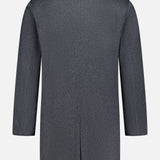 Back view of the SARTORIO Double Faced Overcoat—a long-sleeve, dark grey, knee-length coat with a single rear vent and notched collar—displayed on a plain white background; this elegant overcoat is expertly crafted in Italy.