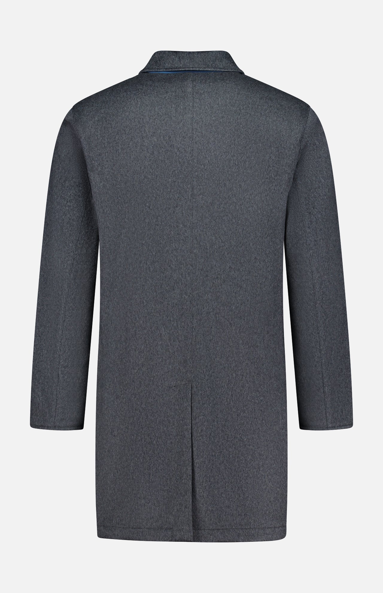 Back view of the SARTORIO Double Faced Overcoat—a long-sleeve, dark grey, knee-length coat with a single rear vent and notched collar—displayed on a plain white background; this elegant overcoat is expertly crafted in Italy.