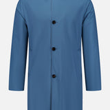 A blue Double Faced Overcoat by SARTORIO, featuring long sleeves, a button-up front with four dark buttons, and a collar. This Italian-made coat has two side pockets and is displayed on a white background, offering the refined silhouette of a classic long overcoat.