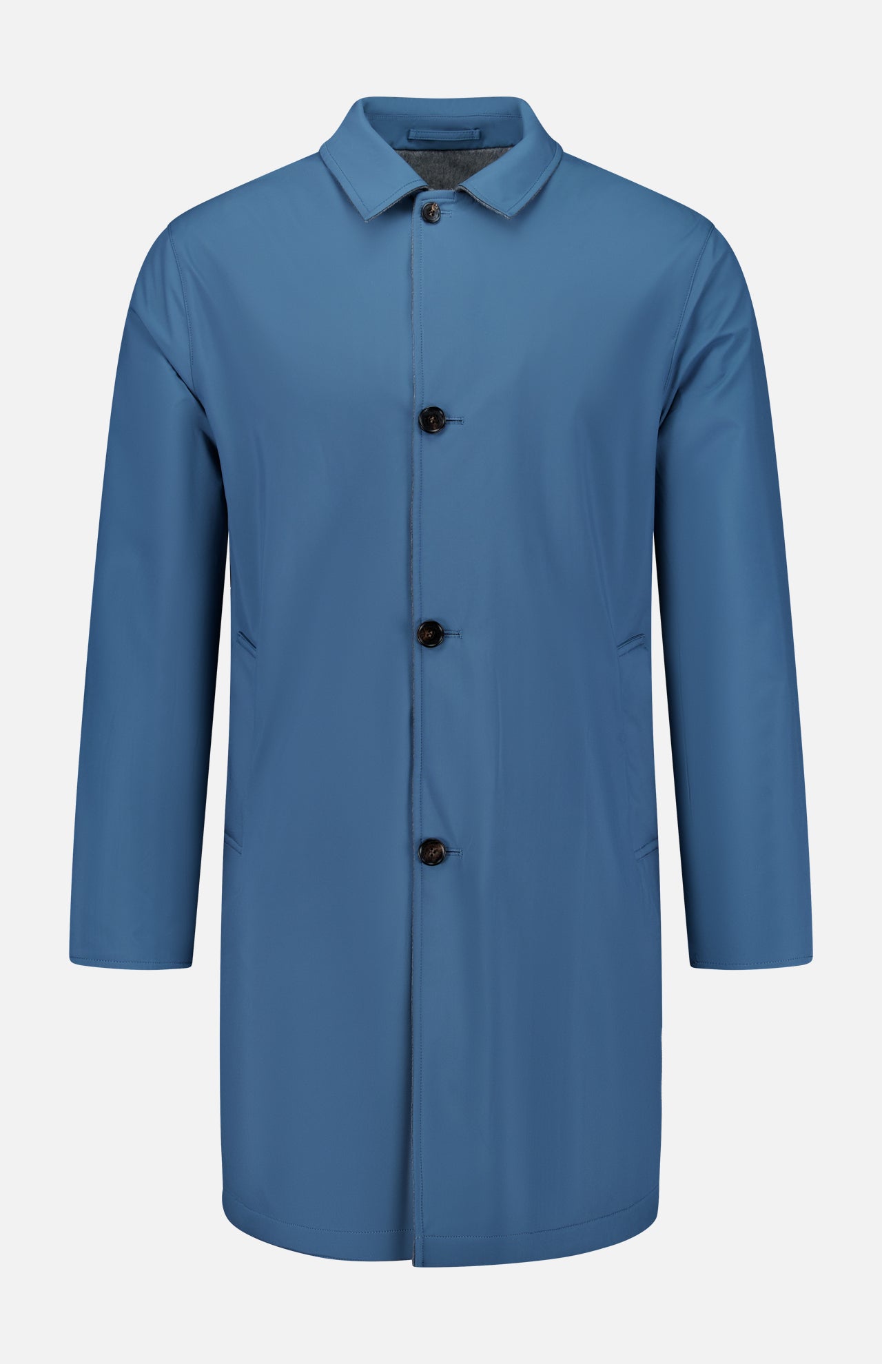 A blue Double Faced Overcoat by SARTORIO, featuring long sleeves, a button-up front with four dark buttons, and a collar. This Italian-made coat has two side pockets and is displayed on a white background, offering the refined silhouette of a classic long overcoat.
