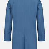 The SARTORIO Double Faced Overcoat, crafted in Italy from blue cashmere, is displayed from the back. This knee-length coat features long sleeves, a straight cut, and a center seam.