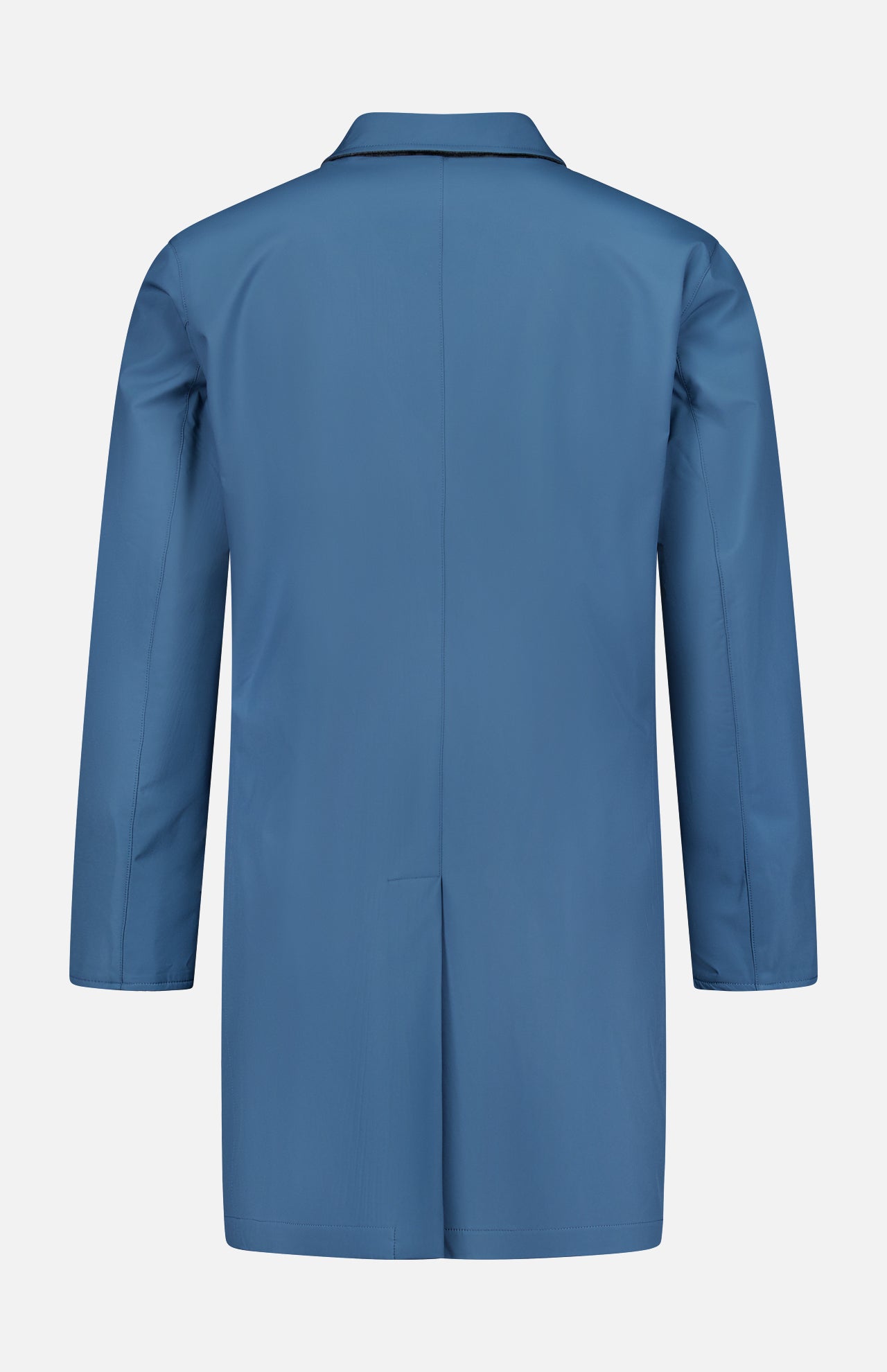 The SARTORIO Double Faced Overcoat, crafted in Italy from blue cashmere, is displayed from the back. This knee-length coat features long sleeves, a straight cut, and a center seam.
