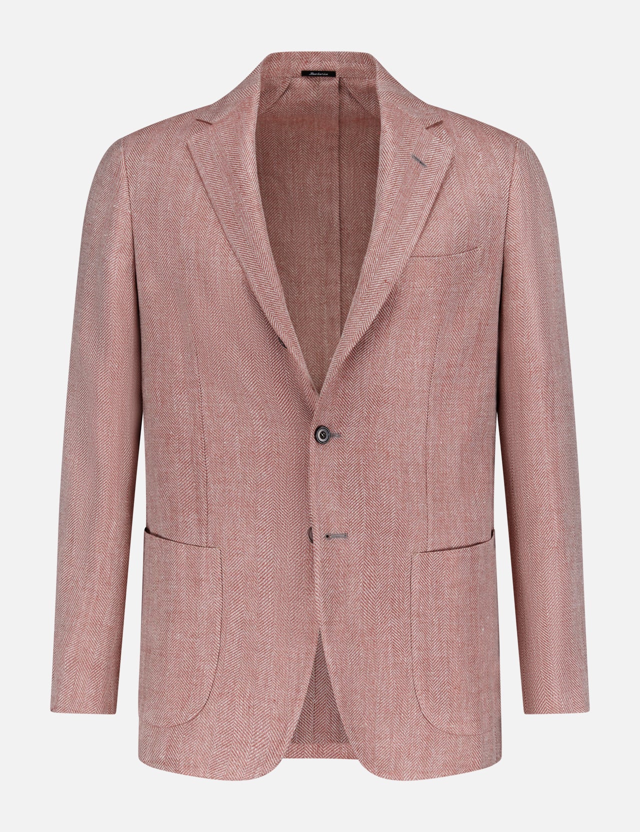 The SARTORIO Herringbone Single-breasted Sportcoat, in light brown with notched lapels, two front buttons, patch pockets, and a chest pocket, is shown against a plain white background.