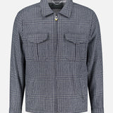 SARTORIO Houndstooth Wool-blend Jacket in a blue and white houndstooth zip-up style with a collar and two chest pockets.