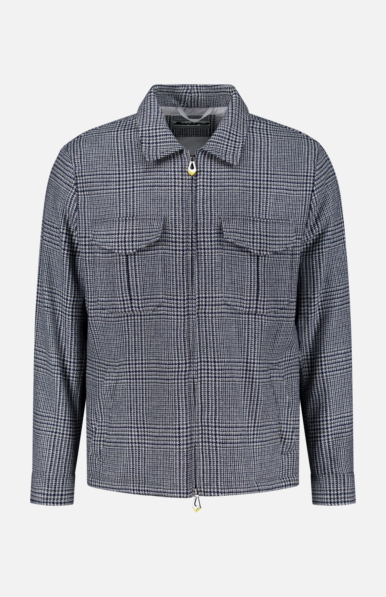 SARTORIO Houndstooth Wool-blend Jacket in a blue and white houndstooth zip-up style with a collar and two chest pockets.