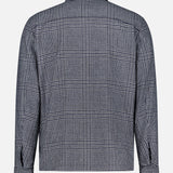 Back view of a grey and navy Houndstooth Wool-blend Jacket with a collar and long sleeves.