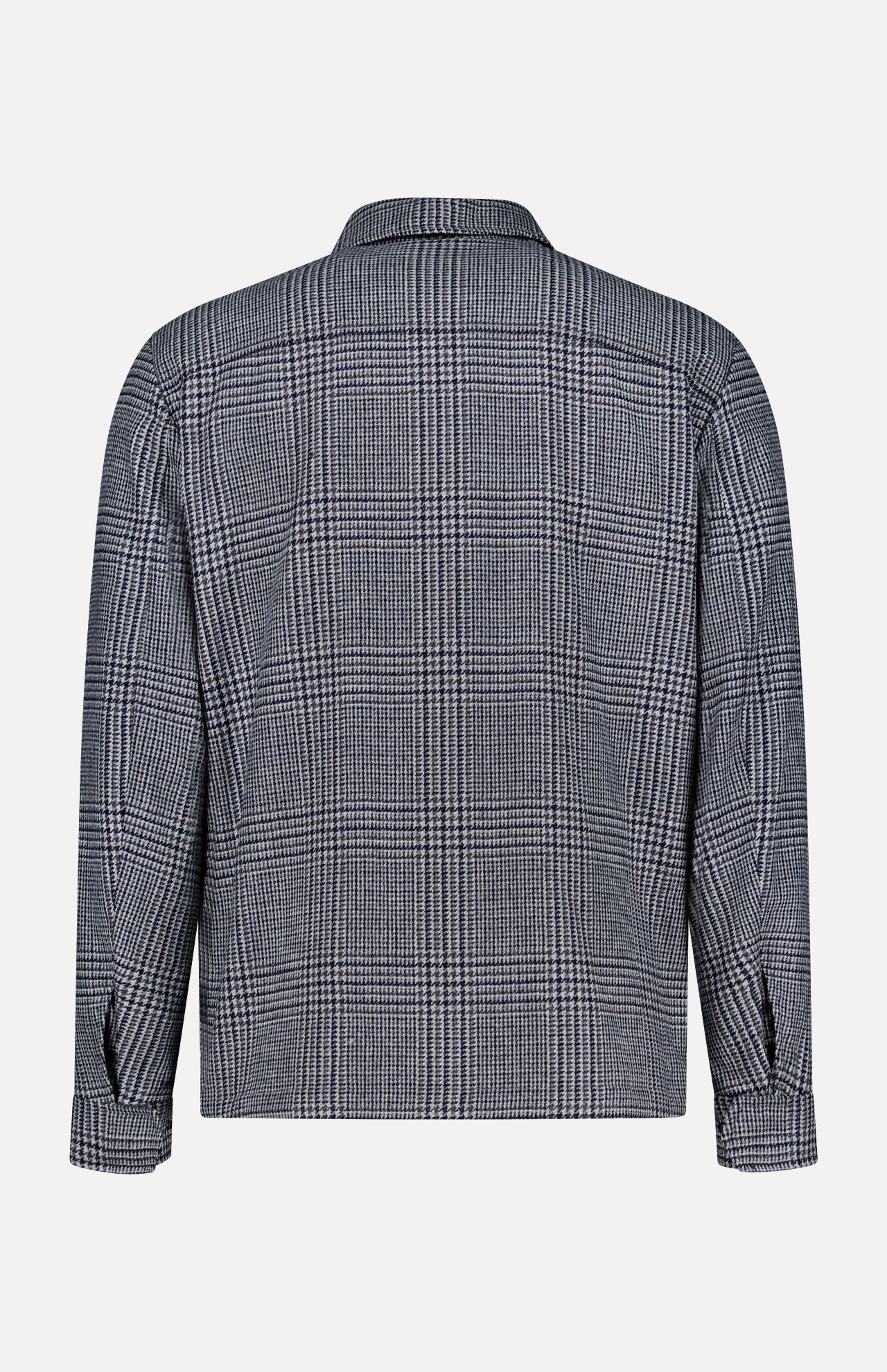 Back view of a grey and navy Houndstooth Wool-blend Jacket with a collar and long sleeves.