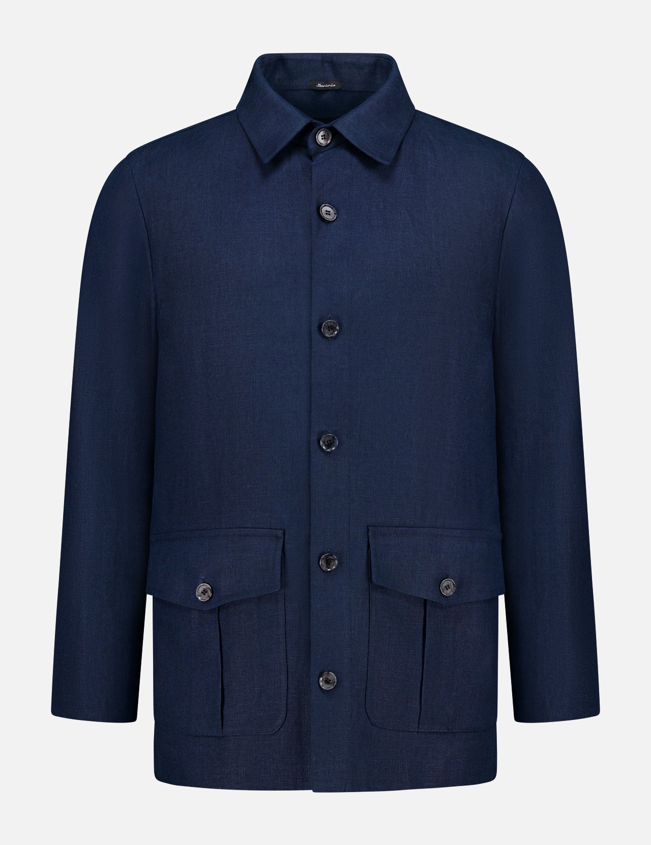 The SARTORIO Linen Flap Pocket Overshirt in navy blue features a collar, long sleeves, and two front flap pockets, shown against a plain light gray background.