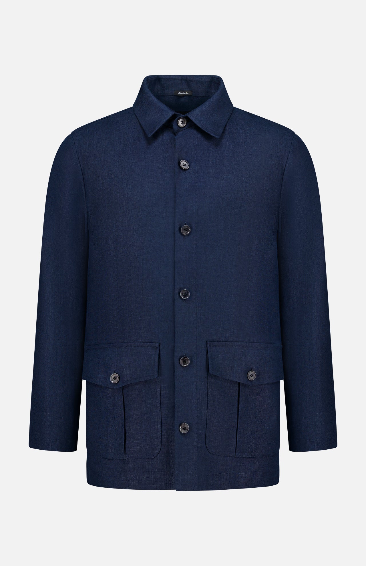 The SARTORIO Linen Flap Pocket Overshirt in navy blue features a collar, long sleeves, and two front flap pockets, shown against a plain light gray background.
