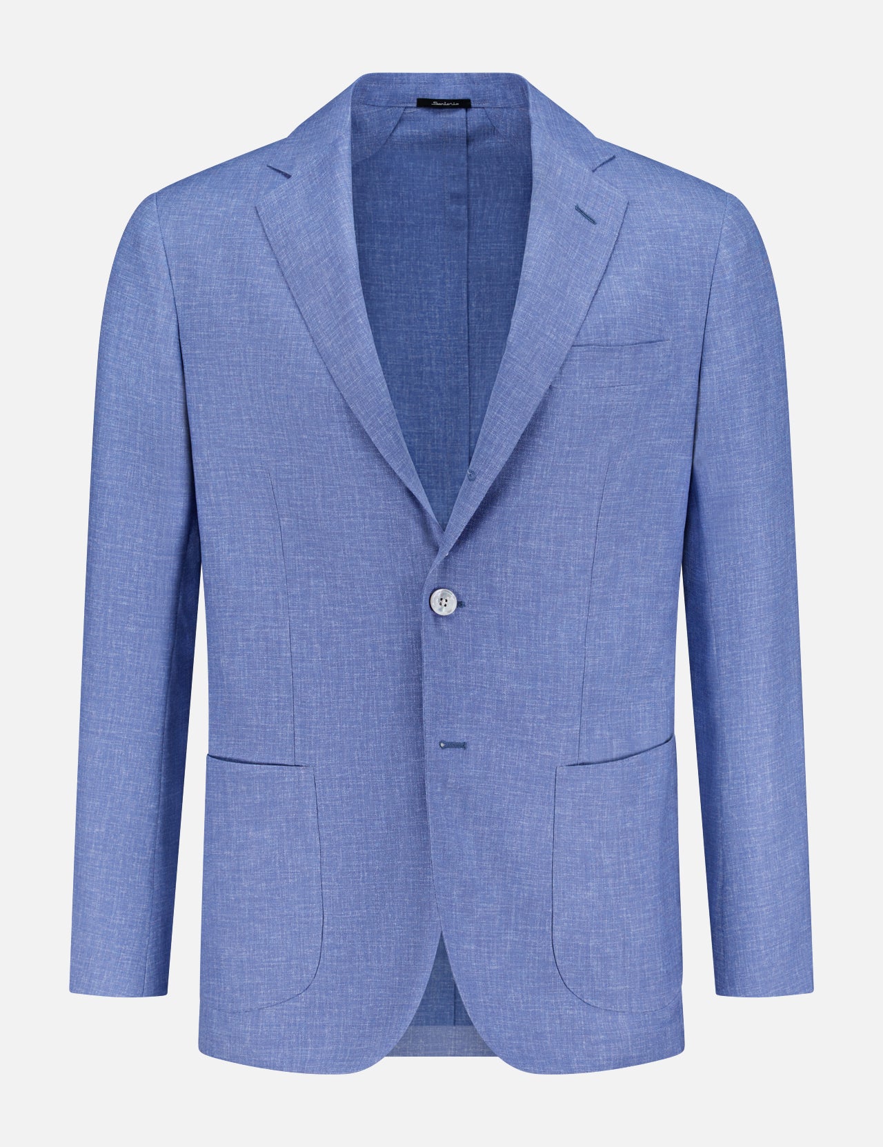 The SARTORIO Virgin Wool Single-breasted Sportcoat in light blue, featuring notch lapels, two buttons, patch pockets, and a chest pocket, is displayed on a plain white background.
