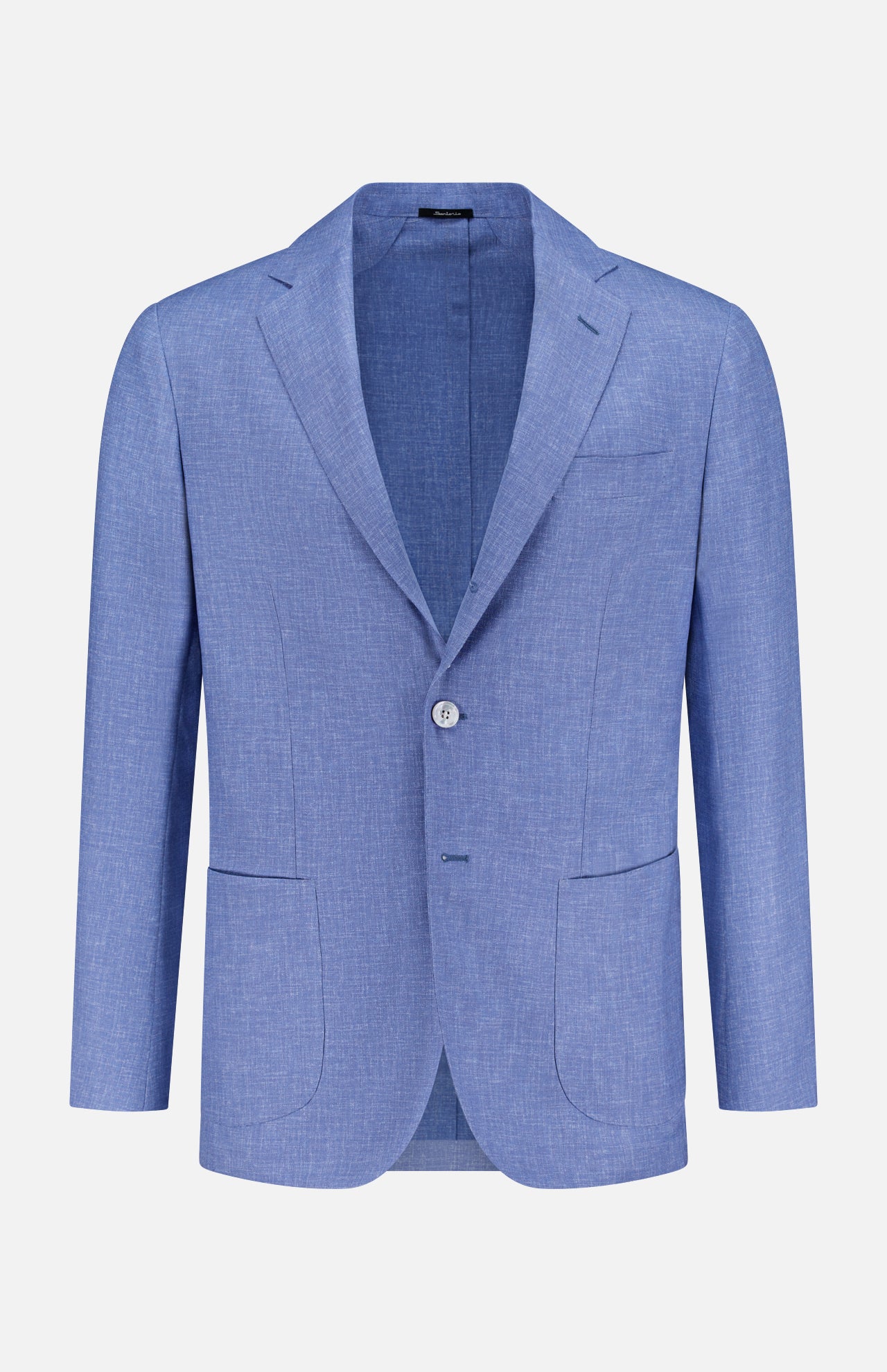The SARTORIO Virgin Wool Single-breasted Sportcoat in light blue, featuring notch lapels, two buttons, patch pockets, and a chest pocket, is displayed on a plain white background.