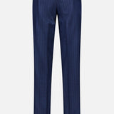 Back view of SARTORIO Pinstripe Wool Suit pants in navy, featuring belt loops, two buttoned back pockets, and straight legs. Displayed on a plain white background, ideal for pairing with the matching suit.