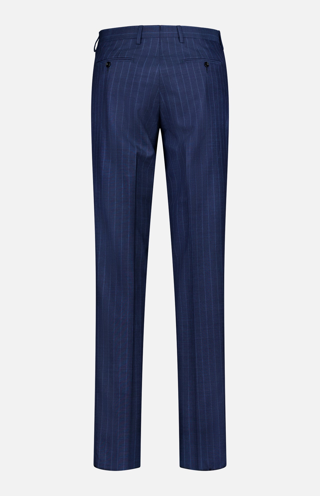 Back view of SARTORIO Pinstripe Wool Suit pants in navy, featuring belt loops, two buttoned back pockets, and straight legs. Displayed on a plain white background, ideal for pairing with the matching suit.
