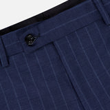 Close-up of the waist and upper legs of SARTORIO’s Pinstripe Wool Suit dress pants, featuring a black waistband, belt loops, and a single black button above the zipper. Made in Italy from refined navy pinstripe wool.