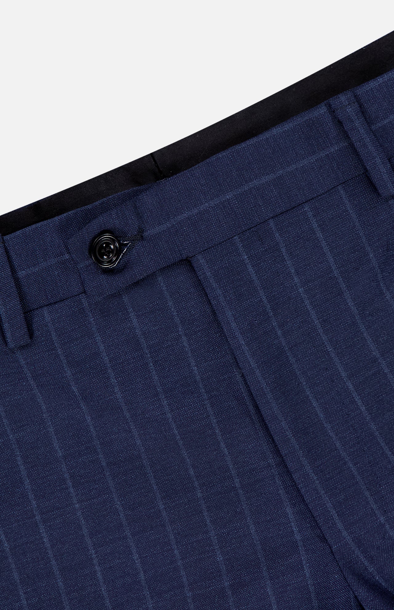 Close-up of the waist and upper legs of SARTORIO’s Pinstripe Wool Suit dress pants, featuring a black waistband, belt loops, and a single black button above the zipper. Made in Italy from refined navy pinstripe wool.
