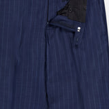 SARTORIO Pinstripe Wool Suit: Navy blue pinstripe dress pants feature a partially open waistband with button and hook fastenings, black inner lining—ideal for pairing with the matching suit or a virgin wool sportcoat made in Italy.