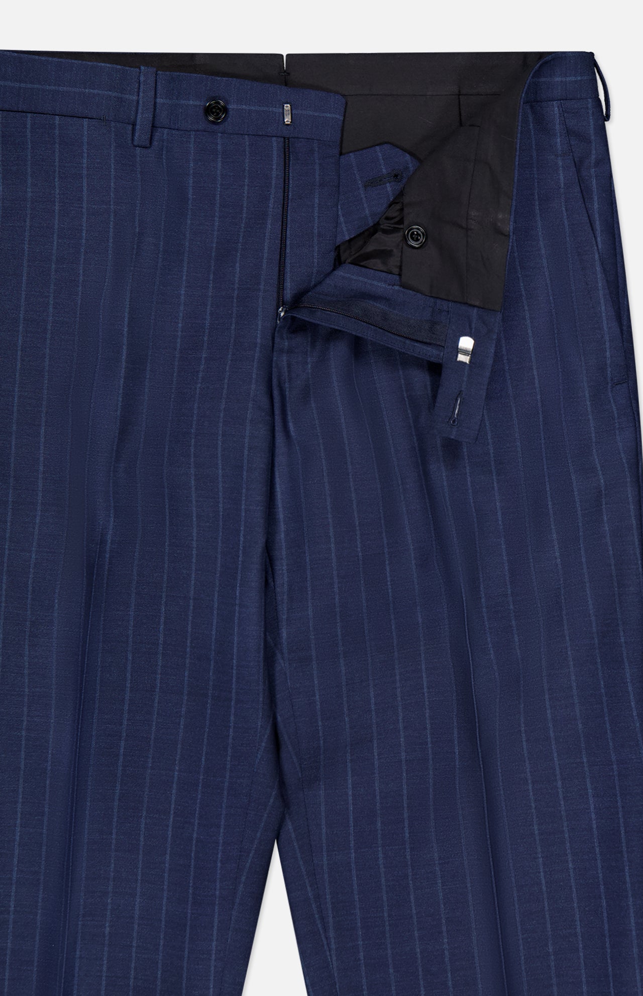 SARTORIO Pinstripe Wool Suit: Navy blue pinstripe dress pants feature a partially open waistband with button and hook fastenings, black inner lining—ideal for pairing with the matching suit or a virgin wool sportcoat made in Italy.