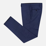The SARTORIO Pinstripe Wool Suit pants, made in Italy, feature a navy blue pinstripe pattern, belt loops, and a single back pocket, shown neatly folded on a white background.