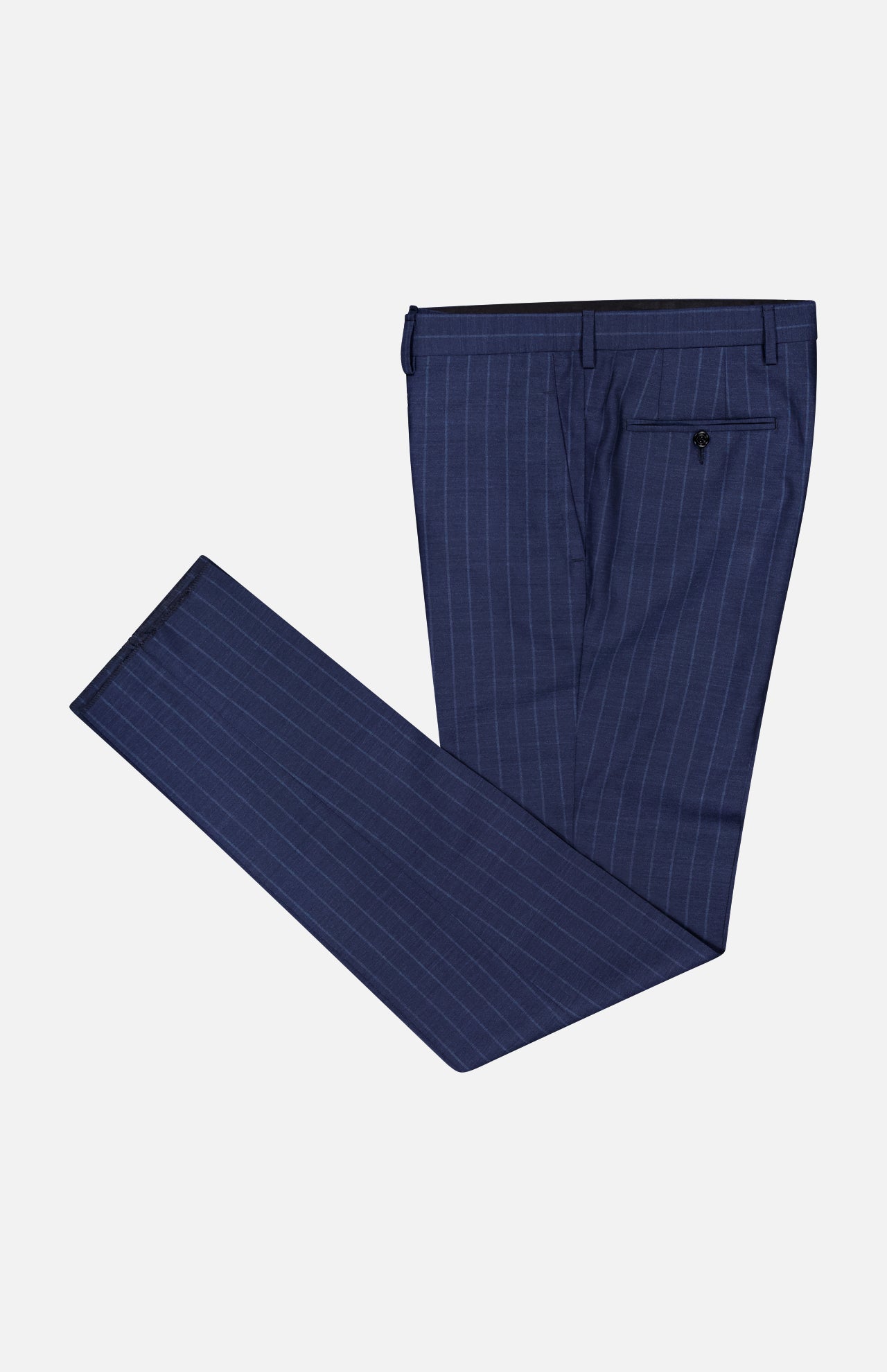 The SARTORIO Pinstripe Wool Suit pants, made in Italy, feature a navy blue pinstripe pattern, belt loops, and a single back pocket, shown neatly folded on a white background.