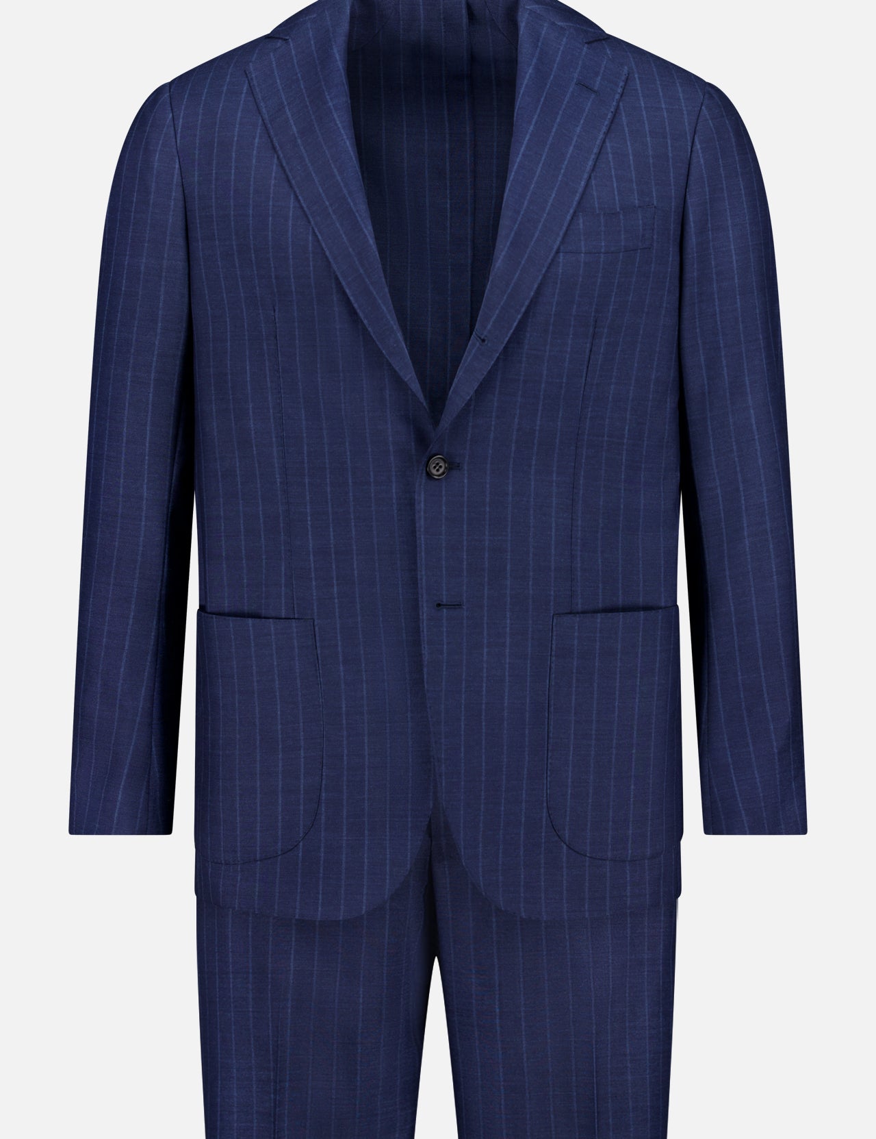 The SARTORIO Pinstripe Wool Suit, made in Italy, features a single-breasted jacket with notched lapels and two front pockets plus matching trousers, all displayed on a plain white background.