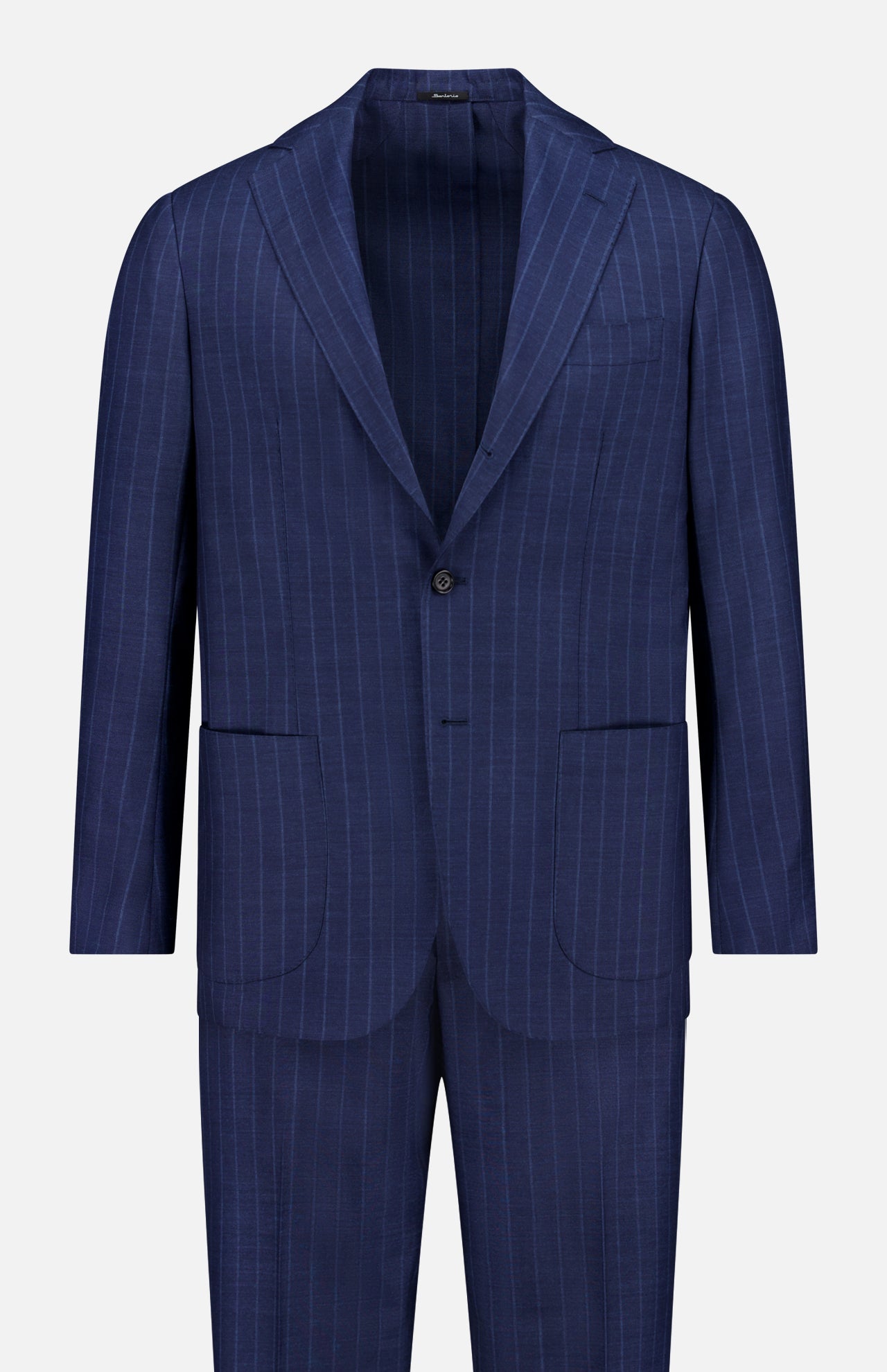 The SARTORIO Pinstripe Wool Suit, made in Italy, features a single-breasted jacket with notched lapels and two front pockets plus matching trousers, all displayed on a plain white background.
