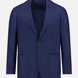 The SARTORIO Pinstripe Wool Suit jacket, made in Italy from virgin wool, features a navy pinstripe design, notch lapel, single-breasted one-button closure, and three front pockets—shown on a plain white background.