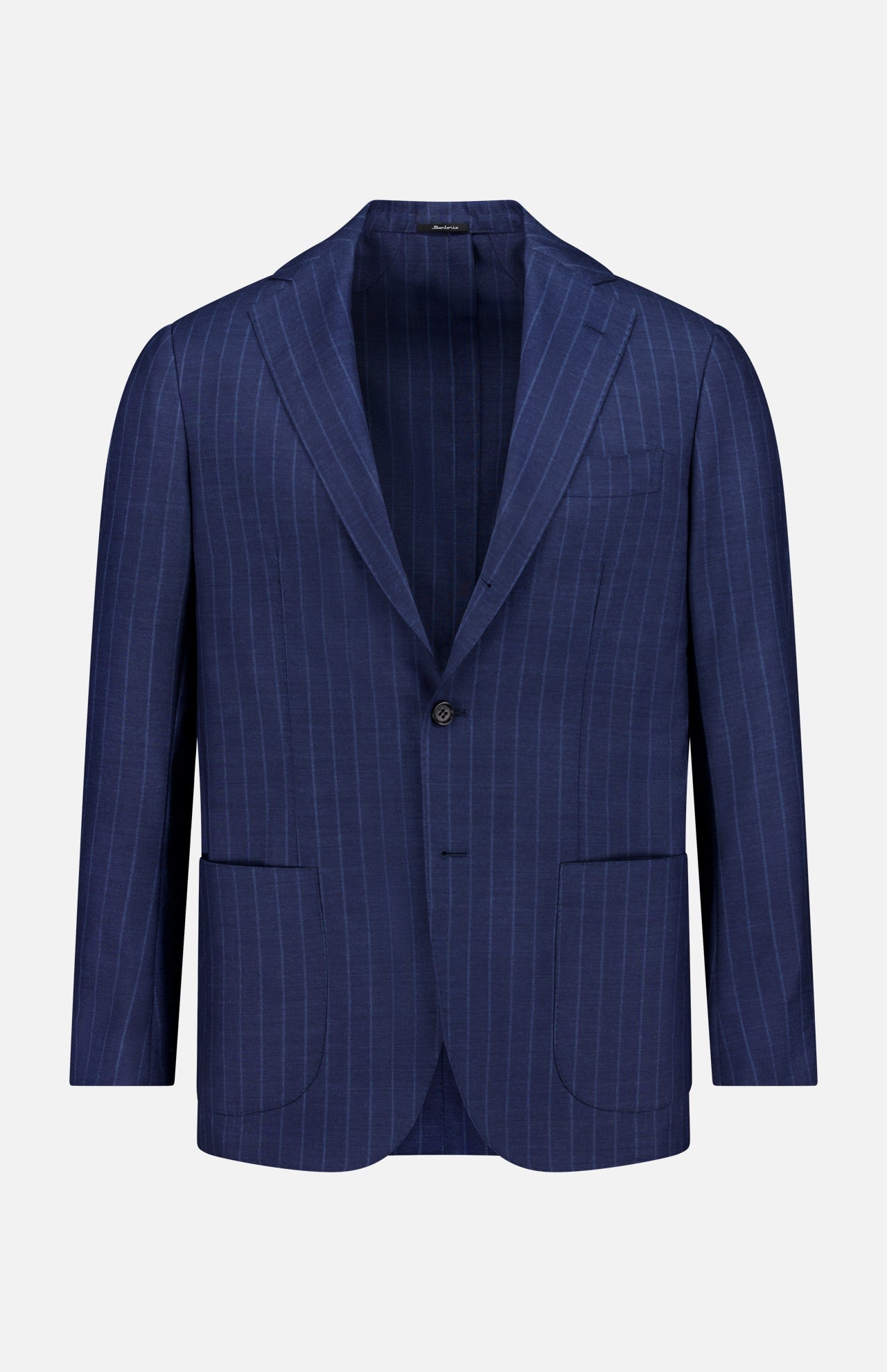 The SARTORIO Pinstripe Wool Suit jacket, made in Italy from virgin wool, features a navy pinstripe design, notch lapel, single-breasted one-button closure, and three front pockets—shown on a plain white background.