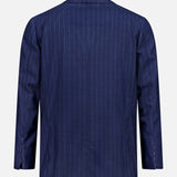 The SARTORIO Pinstripe Wool Suit, crafted in Italy, features a navy blue pinstripe blazer with long sleeves and a straight hem, shown from the back against a plain light background.