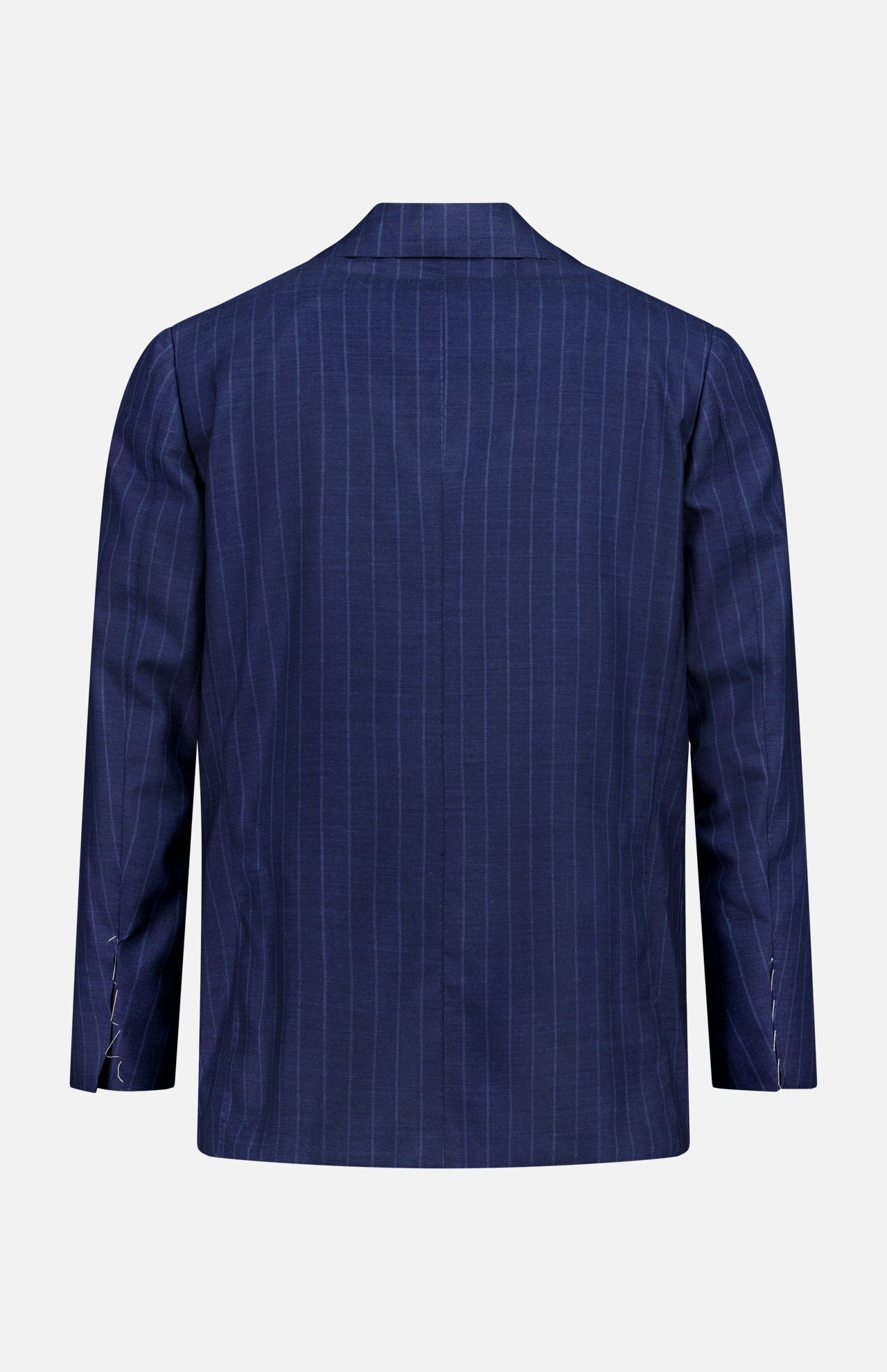 The SARTORIO Pinstripe Wool Suit, crafted in Italy, features a navy blue pinstripe blazer with long sleeves and a straight hem, shown from the back against a plain light background.