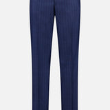 The SARTORIO Pinstripe Wool Suit features blue dress pants with a subtle pinstripe, flat front, belt loops, and button closure, shown against a plain white background.