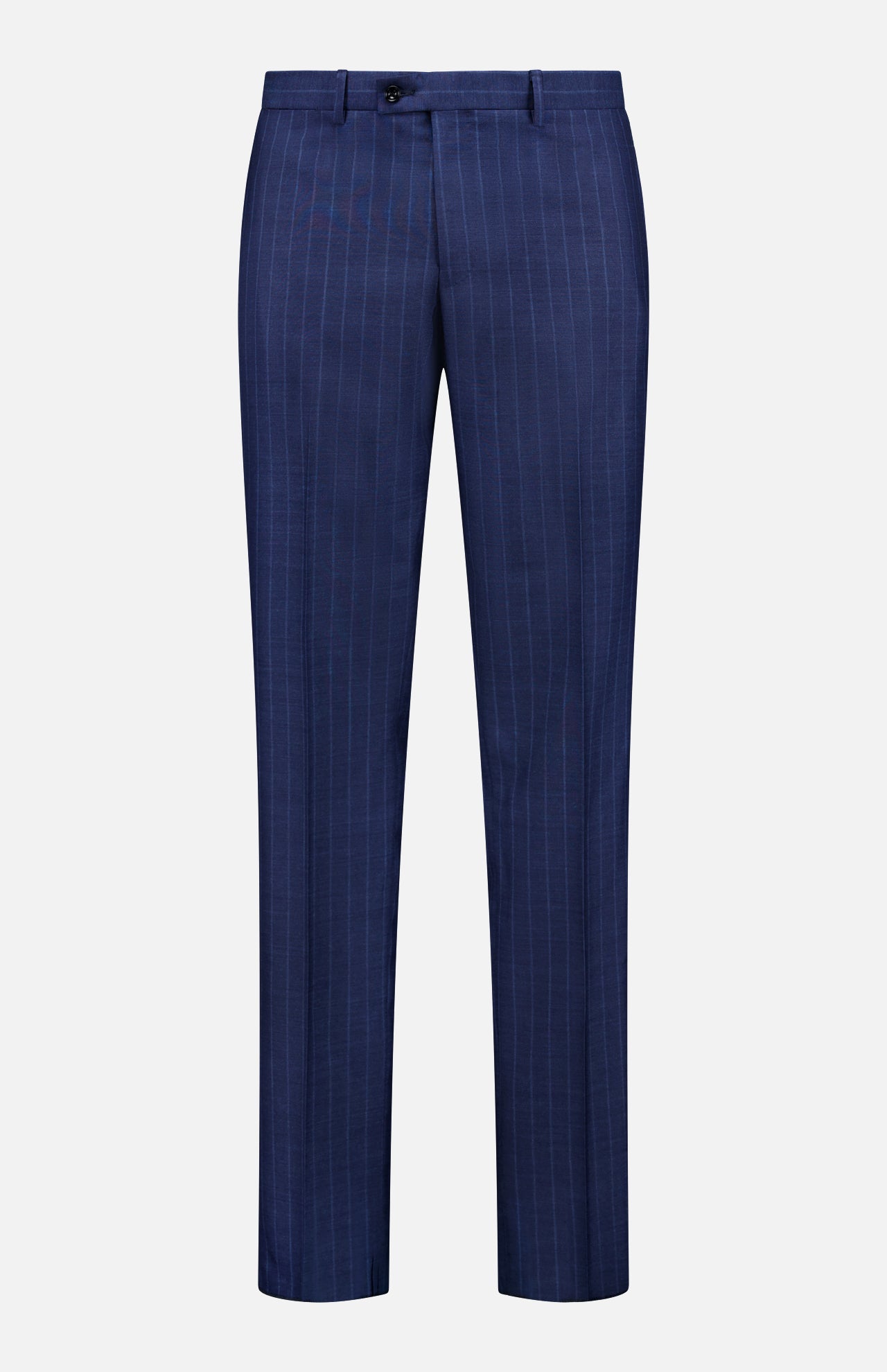 The SARTORIO Pinstripe Wool Suit features blue dress pants with a subtle pinstripe, flat front, belt loops, and button closure, shown against a plain white background.