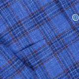 Close-up of the SARTORIO Wool Blend Plaid Sportcoat, showcasing blue plaid fabric with red and white accents and two blue buttons.