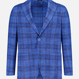SARTORIO Wool Blend Plaid Sportcoat featuring a blue plaid pattern, single-button closure, and notched lapels, displayed on a plain white background.