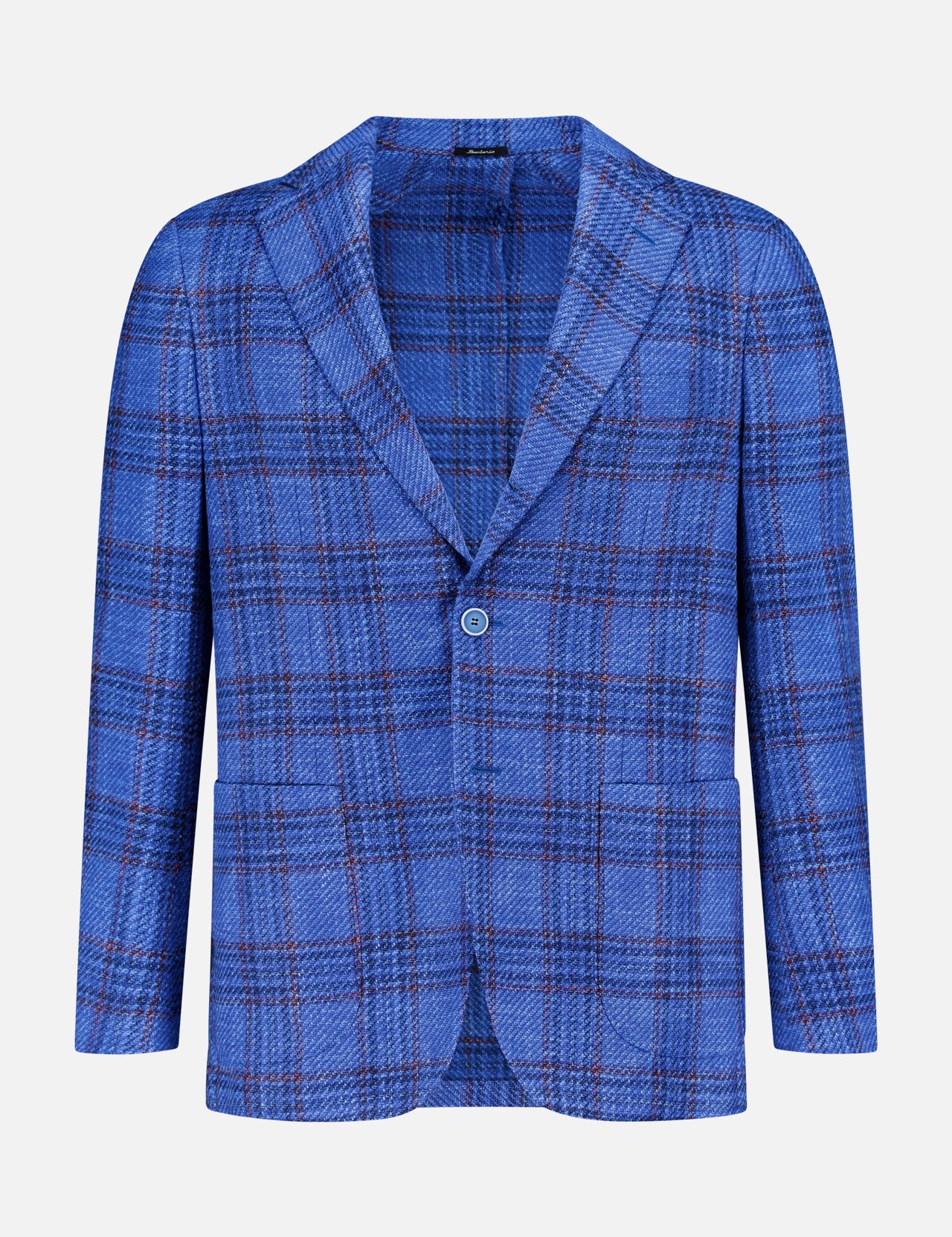 SARTORIO Wool Blend Plaid Sportcoat featuring a blue plaid pattern, single-button closure, and notched lapels, displayed on a plain white background.