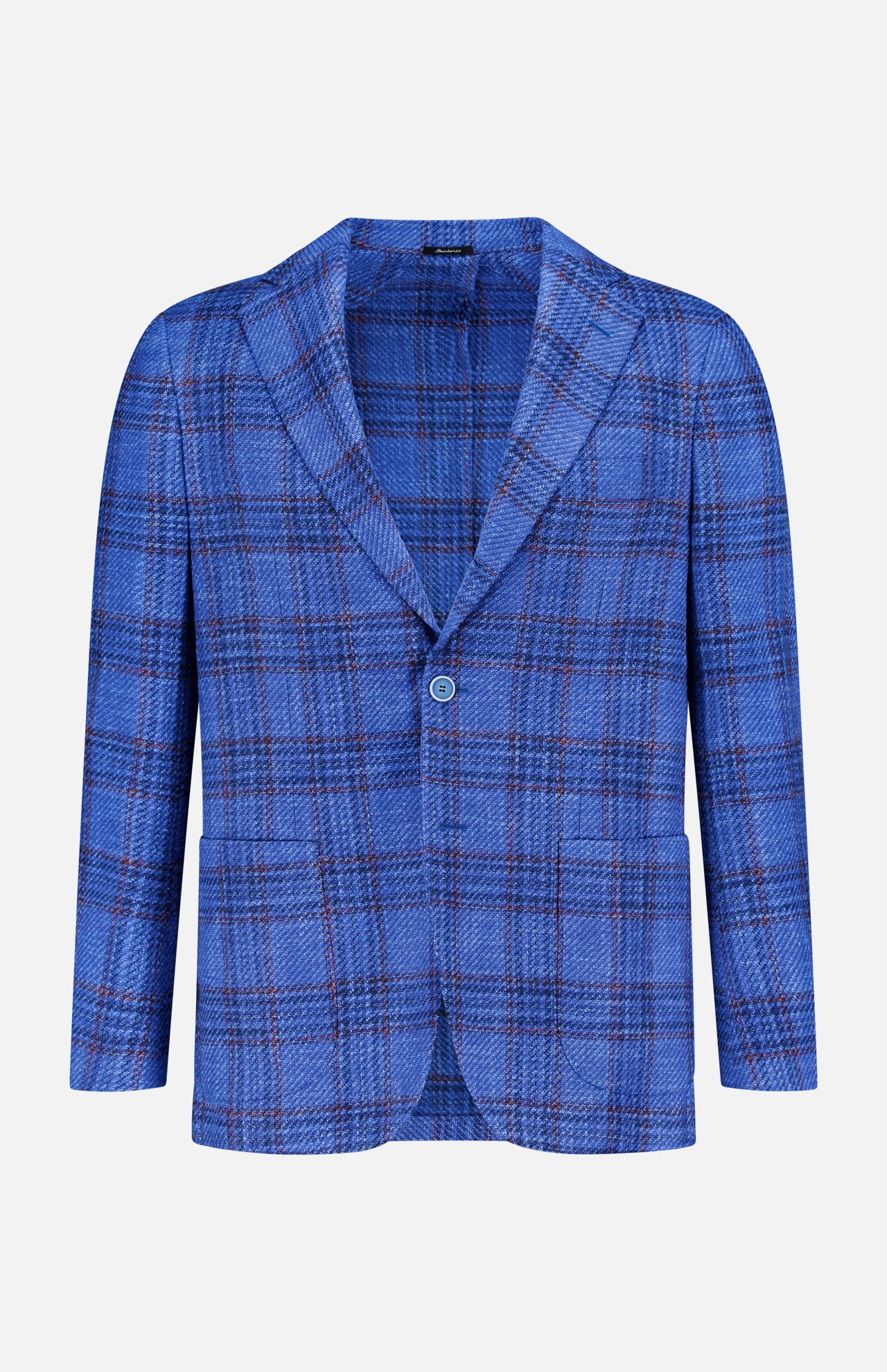 SARTORIO Wool Blend Plaid Sportcoat featuring a blue plaid pattern, single-button closure, and notched lapels, displayed on a plain white background.