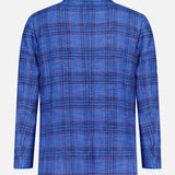 The SARTORIO Wool Blend Plaid Sportcoat is displayed from the back against a white background. This designer piece features long sleeves and a checkered pattern in blue, black, and subtle hints of red for a distinctive and stylish appearance.