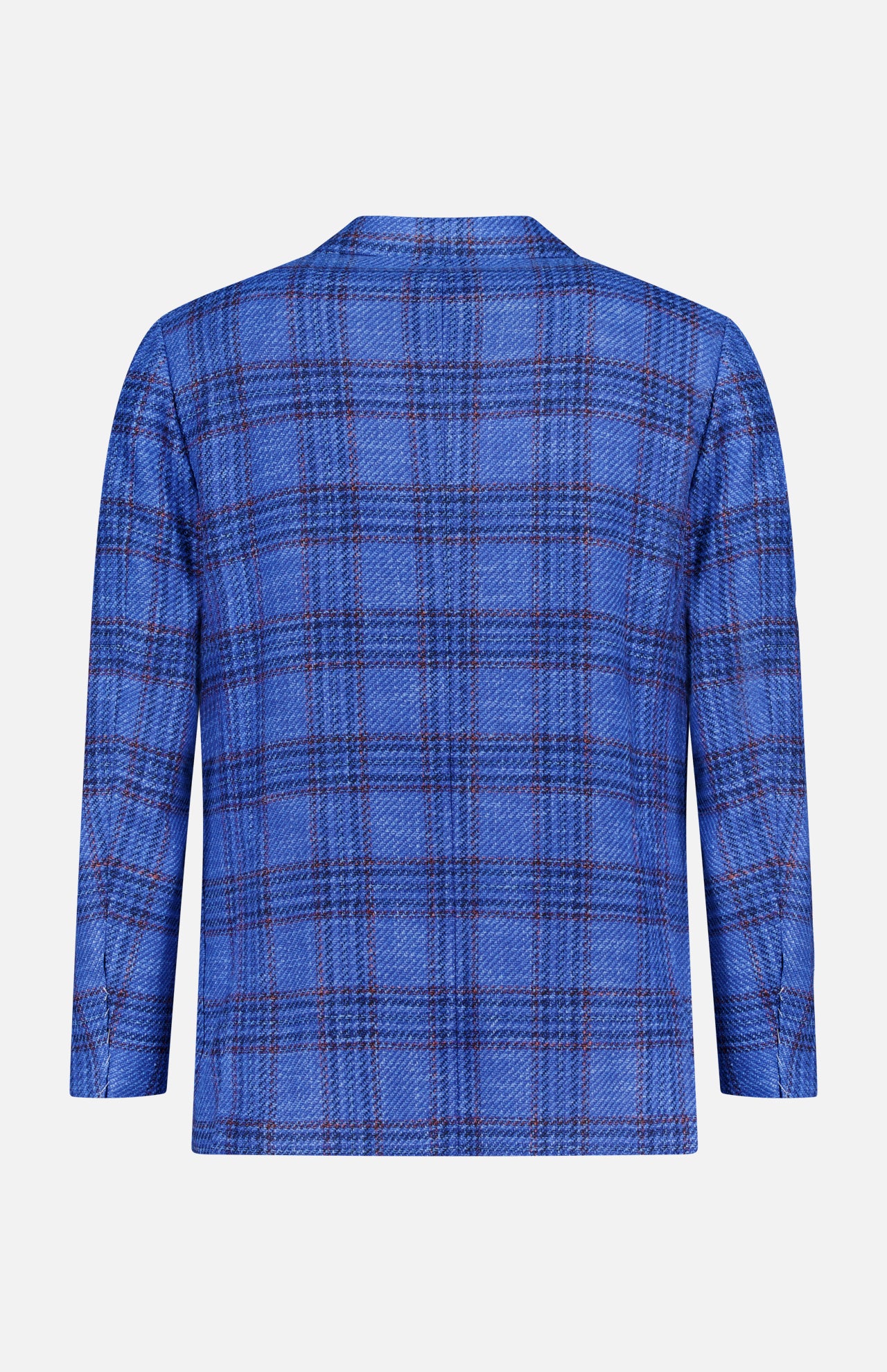 The SARTORIO Wool Blend Plaid Sportcoat is displayed from the back against a white background. This designer piece features long sleeves and a checkered pattern in blue, black, and subtle hints of red for a distinctive and stylish appearance.