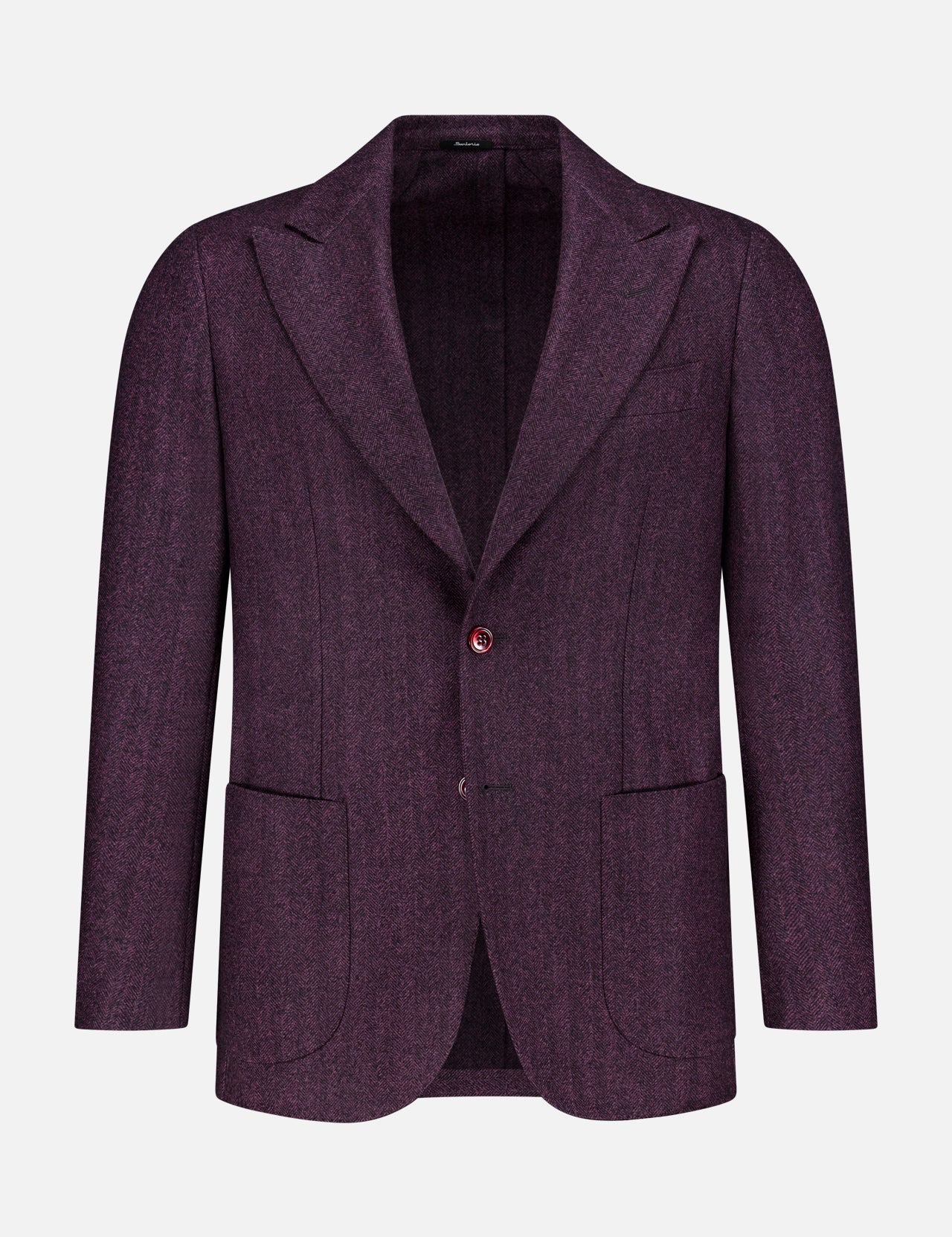 The SARTORIO Wool Herringbone Sportcoat features a purple textured finish with a subtle herringbone pattern, notch lapels, two front patch pockets, and a single-breasted design, displayed on a plain white background.