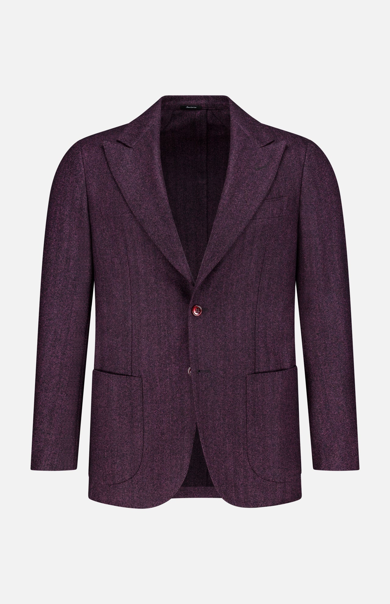 The SARTORIO Wool Herringbone Sportcoat features a purple textured finish with a subtle herringbone pattern, notch lapels, two front patch pockets, and a single-breasted design, displayed on a plain white background.