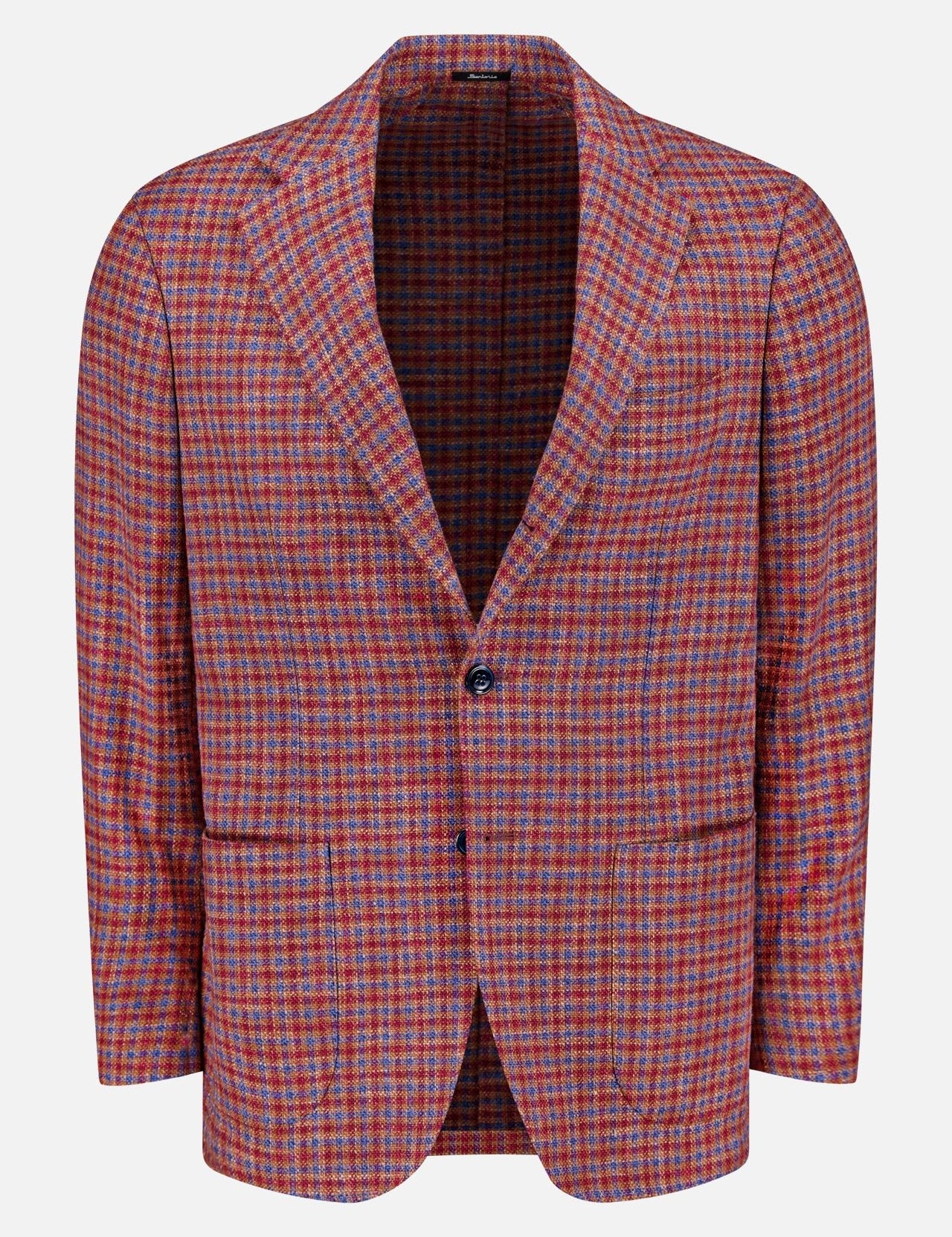 The SARTORIO Wool and Silk Micro Check Sportcoat features a red and blue plaid pattern, notched lapel, two buttons, and two front pockets. Made from a wool-silk blend, it's shown on a plain white background.