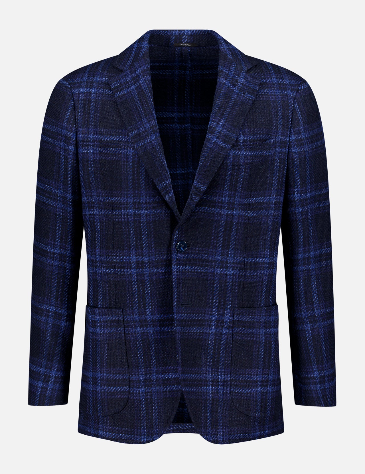 The SARTORIO Plaid Single Breasted Sportcoat for men features a blue and black plaid, notched lapels, two front patch pockets, and a single button closure.