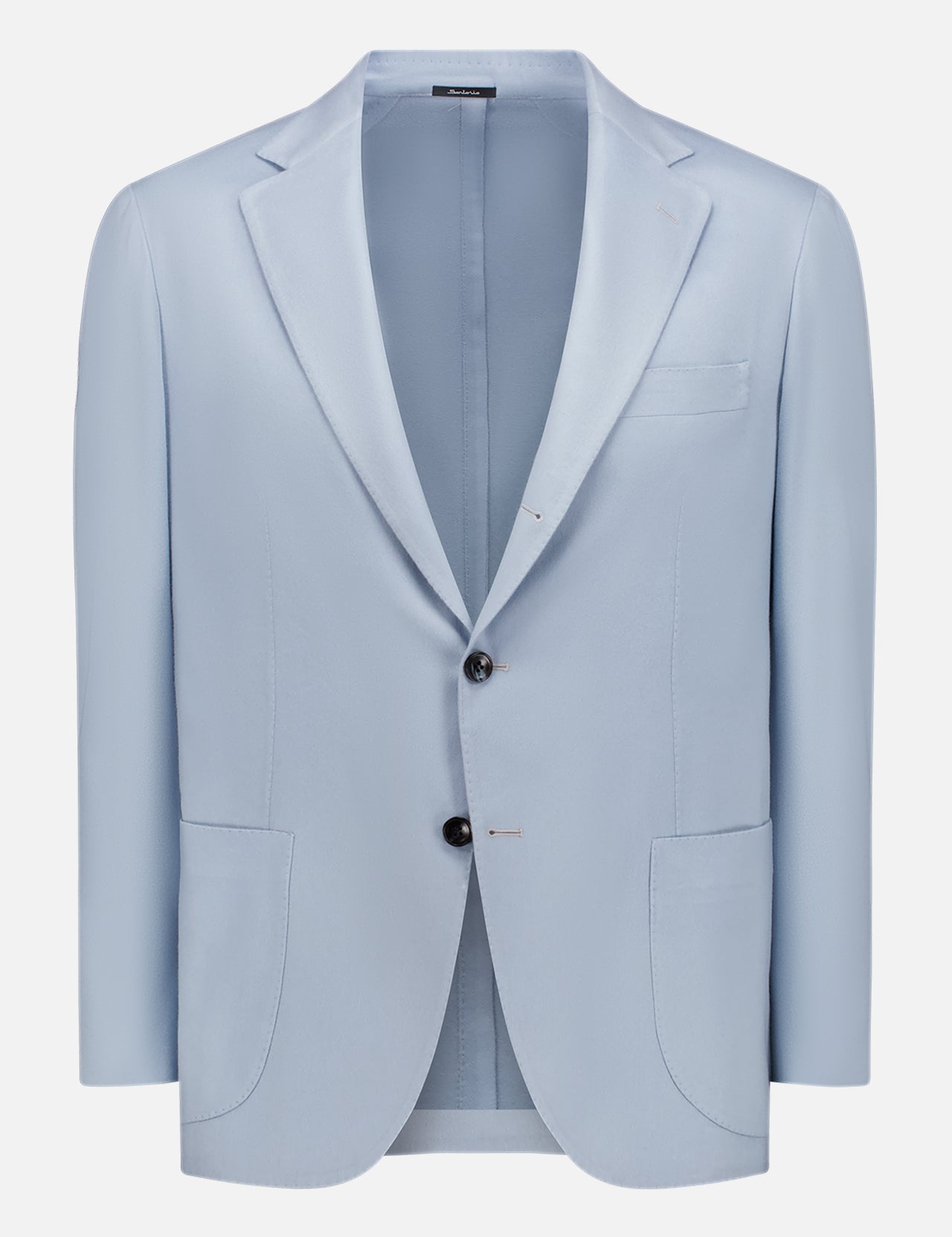 The SARTORIO Summer Cashmere Blazer for men is a light blue Italian classic with notch lapels, two black buttons, patch pockets, and a chest pocket, shown against a plain white background.